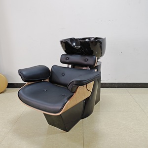 Fauteuil de lavage moderne et confortable en cuir PU noir avec cadre en bois et éponge haute densité, lavabo en céramique, mobilier de salon de coiffure - Product Image 6