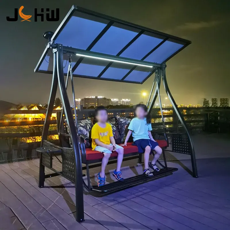 Factory price patio garden swing chair solar LED light outdoor hanging double swing with canopy