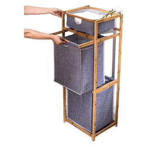 Bamboo Wood <b>Laundry</b> Storage Rack 3 Tier Gray Canvas Clothing Organizer <b>Standing</b> Space Saving - Product Image 5