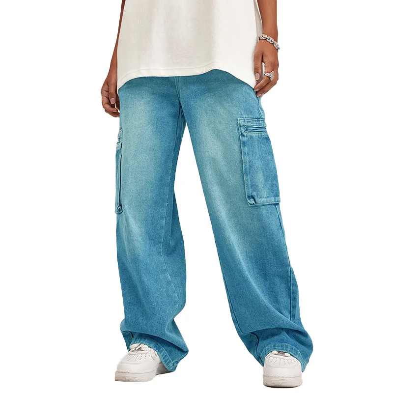 Custom Solid Color High Quality Oversized Loose Denim Jeans Vintage Washed Multiple Pockets Baggy Cargo Men's Jeans Pants