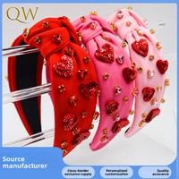 Nouveau serre-tête pour femme, idéal pour la Saint-Valentin et la saison des mariages, en tissu, orné de cœurs, de diamants et de sequins, accessoire tendance noué