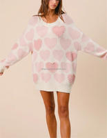 Pull-over rose à manches longues en tricot avec cœur perlé pour la Saint-Valentin pour femmes