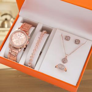 Trendy Gold Diaomnd Pulsera Anillos Collares Conjunto Reloj de cuarzo Mujeres Hombres Reloj de moda y conjuntos de joyas con caja de regalo - Product Image 6