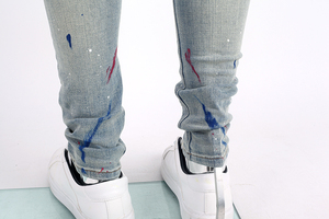 Edge Demin Custom Painted <strong>Drip</strong> Splatter <strong>Jeans</strong> Washed Ripped Vintage <strong>Skinny</strong> Men <strong>Jeans</strong> Denim Bleaching - Product Image 6