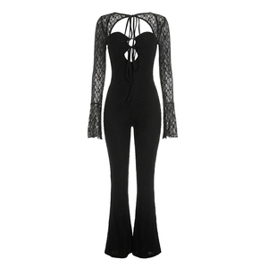 Viviblook D26JP280 Women Autumn New Solid Color Sexy Lace Hollow Drawstring Long Sleeved Slim Fit Casual One Piece Jumpsuit - Product Image 5