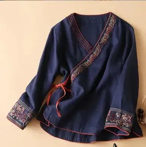 M-3XL musim panas gaya Cina wanita miring bordir atasan seni Retro longgar dan ditingkatkan Hanfu teh Zen pakaian
