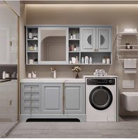 Meuble de salle de bain et armoire de buanderie combinés en chêne américain coloré et personnalisé, avec lavabo intégré