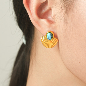 18K Gold Plated <b>Turquoise</b> Inlaid Fan Shape <b>Stud</b> <b>Earrings</b> Women's Luxury Designer Jewelry Wholesale - Product Image 5