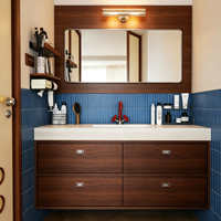 Ensembles de meubles-lavabos de salle de bain modernes en bois de noyer avec vasque intégrée et miroir encadré, fabrication OEM ODM sur mesure