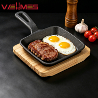 Poêle carrée en fonte antiadhésive avec support en bois, poignée unique, mini-plaque de cuisson pour steak, œufs, petit-déjeuner, restaurant, compatible four, facile à utiliser