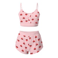 Ensemble de débardeurs sexy et doux pour femmes, imprimé fraise mignon, sans couture, short rose, bralette, ensemble de sous-vêtements de pyjama, vêtements de nuit pour la maison