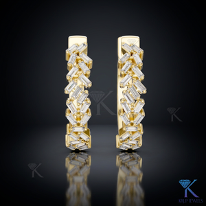 Custom Lab Grown CVD Baguette Diamond Herringbone Pattern <b>Huggie</b> Hoop Earrings 14K 18K <b>Solid</b> <b>Gold</b> Fine Women Jewelry Manufacture - Product Image 2