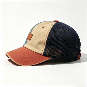 Casquette Trucker Vintage en Toile Lavée à Blocs de Couleurs avec Logo Personnalisé en Cuir ACE, 6 Panneaux, Embossée, Été - Product Image 3