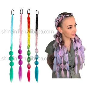 Shinein 24inch Crochet Braid Hairpiece High Temperature Fiber Rainbow Tinsel Hair Braided Ponytail Extension With Glitter