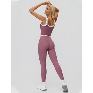 Ensemble de sport deux pièces pour femme : Crop top dos nageur et leggings taille haute, tenue de gym et yoga sans coutures avec bordure contrastante - Product Image 5