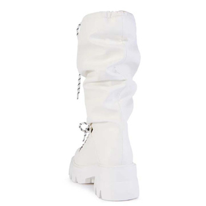 Women Low Chunky Heels Knee High Boots Thick Sole Round Toe Long Booties Front <b>Lace</b> up Top Wide <b>Elastic</b> Cut Causal Shoes - Product Image 6