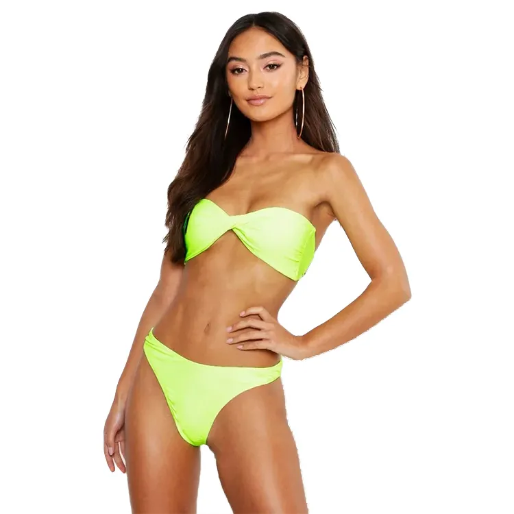 New summer sexy solid color neon yellow petite mix match neon twist bandeau top suit swimsuit