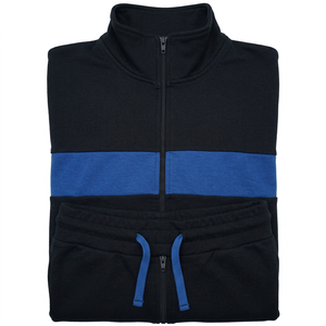 Survêtement Homme Noir et Bleu Color Block, Col Demi-Zip, Décontracté, Respirant, en Polyester, pour l'Automne, avec Poches Latérales - Product Image 1