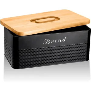 Modern Metal Bread Box With Bamboo Lid Storage Container Holder Space-Saving Bread Keeper Bin Organizer For Kitchen Counter