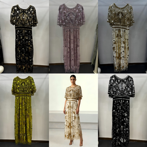 Abito Kaftano Modesto di Lusso Dubai, Vestito Lungo in Rete con Ricami Paisley Argento e Perline, Abito Formale per Ospiti di Matrimoni Eid, Abaya ODM OEM - Product Image 4