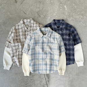 Camicie Casual da <span class=keywords><strong>Uomo</strong></span> in Flanella Oversize con Ricamo Personalizzato, Stile Streetwear, Patchwork a Quadri, Doppio Strato Waffle, Maniche Lunghe - Product Image 1