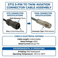 Cable Conector Circular Impermeable IP67 de 5 Pines ST12 |   Conector de Aviación Roscado M12 |   Sensor para Equipos de Exterior, Macho y Hembra