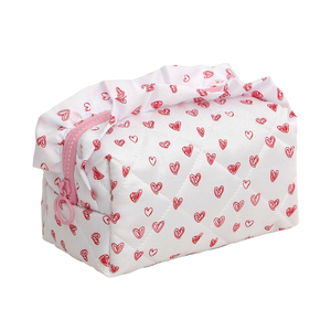 Sac de rangement cosmétique matelassé tendance pour filles, imprimé cœur, en tissu de coton, sac à maquillage à volants pour femmes, pour les voyages - Product Image 1