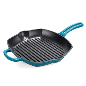 Esmalte ferro fundido cobrindo quadrado steak grill pan com nervuras fundo plano frigideira com alça oca