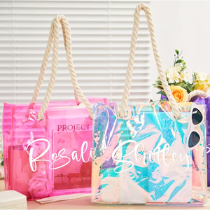 Sac fourre-tout en PVC rose imperméable personnalisé avec logo, sac de plage holographique transparent avec poignée en coton épais - Product Image 3