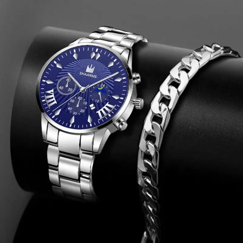 6066 Men watches set Bracelet men wrist Watch Alloy Case Steel Band Classic Watch Quartz Business Wristwatch Clock Gift