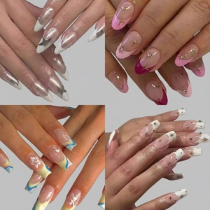 Lot de 24 <span class=keywords><strong>faux</strong></span> ongles courts en amande à presser, réutilisables, fabriqués à la machine, avec étiquette privée, à coller, pour vente en gros, OEM - Product Image 1