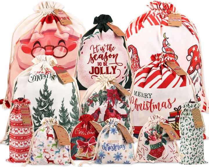 Wholesale Custom Merry Christmas Design Gift Bags Drawstring Muslin Bag