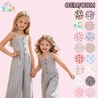 Jumpsuit Musim Panas Trendi untuk Balita, Model Terusan dengan Tali Selempang, Kaki Lebar, Kancing Depan, Motif Garis dan Bunga, Romper Anak, Pakaian Kasual