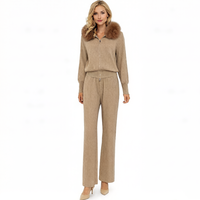 Ensemble deux pièces de luxe pour femme, pull en laine à col haut et pantalon en fourrure de renard véritable, motif uni, tenue décontractée automne/hiver