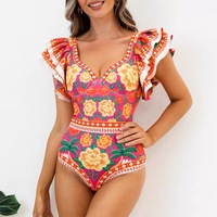 Maillot de bain une pièce imprimé contrasté TW et sarong pour femme 2024 Nouveau maillot de bain vintage à volants Maillot de bain de plage pour femme