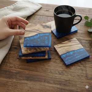 ANURAG HANDICRAFT Modern Decorative Wooden <b>Coasters</b> <b>Blue</b> Epoxy Resin River Design Handmade Natural Wood Grain Drink <b>Coaster</b> Set - Product Image 3