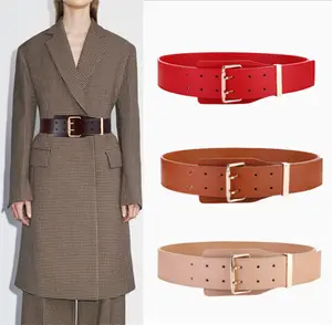 New High-quality Wide Waist Belt For Ladies Genuine Leather Belt Square Alloy Double Pin Buckle