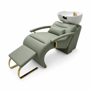 Ensemble de mobilier de salon de coiffure de luxe 5 pièces en velours vert sauge avec finition dorée, poste de lavage, chaise capitonnée, bureau d'accueil, canapé et miroir LED - Product Image 3