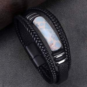 Handmade Men's Fashion <b>Bracelet</b> Black Gun Plated with Geometric Design Vintage <b>Leather</b> Magnetic Buckle Closure - Product Image 3