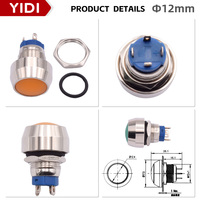 12mm 1NO 1A/250VAC Tombol Tekan Baja Tahan Karat Kepala Bola Datar Tinggi Sementara dengan Pin Solder Merah Putih Kuning untuk Peralatan Rumah Tangga