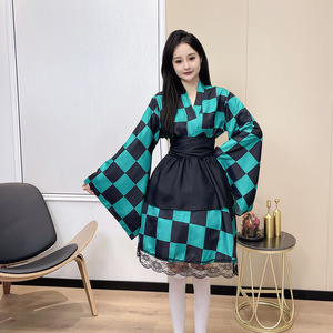 Vestido tipo kimono para cosplay, disfraz de Anime de manga larga a cuadros verde y negro para mujer, traje de fiesta para juego de rol - Product Image 3