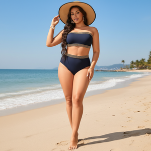 Costume <span class=keywords><strong>da</strong></span> <span class=keywords><strong>bagno</strong></span> bikini nero a vita alta taglie forti <span class=keywords><strong>da</strong></span> donna, due pezzi ad asciugatura rapida - Product Image 1