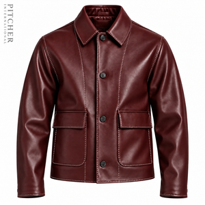 Mens Burgundy Leather Chore Jacket <b>Vintage</b> Button Up <b>Coat</b> with Contrast Stitching - Product Image 5