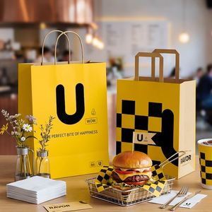 Sacs en papier kraft personnalisés, écologiques, jetables et recyclables pour emballages de restauration rapide (burgers, frites) à emporter avec poignée - Product Image 6