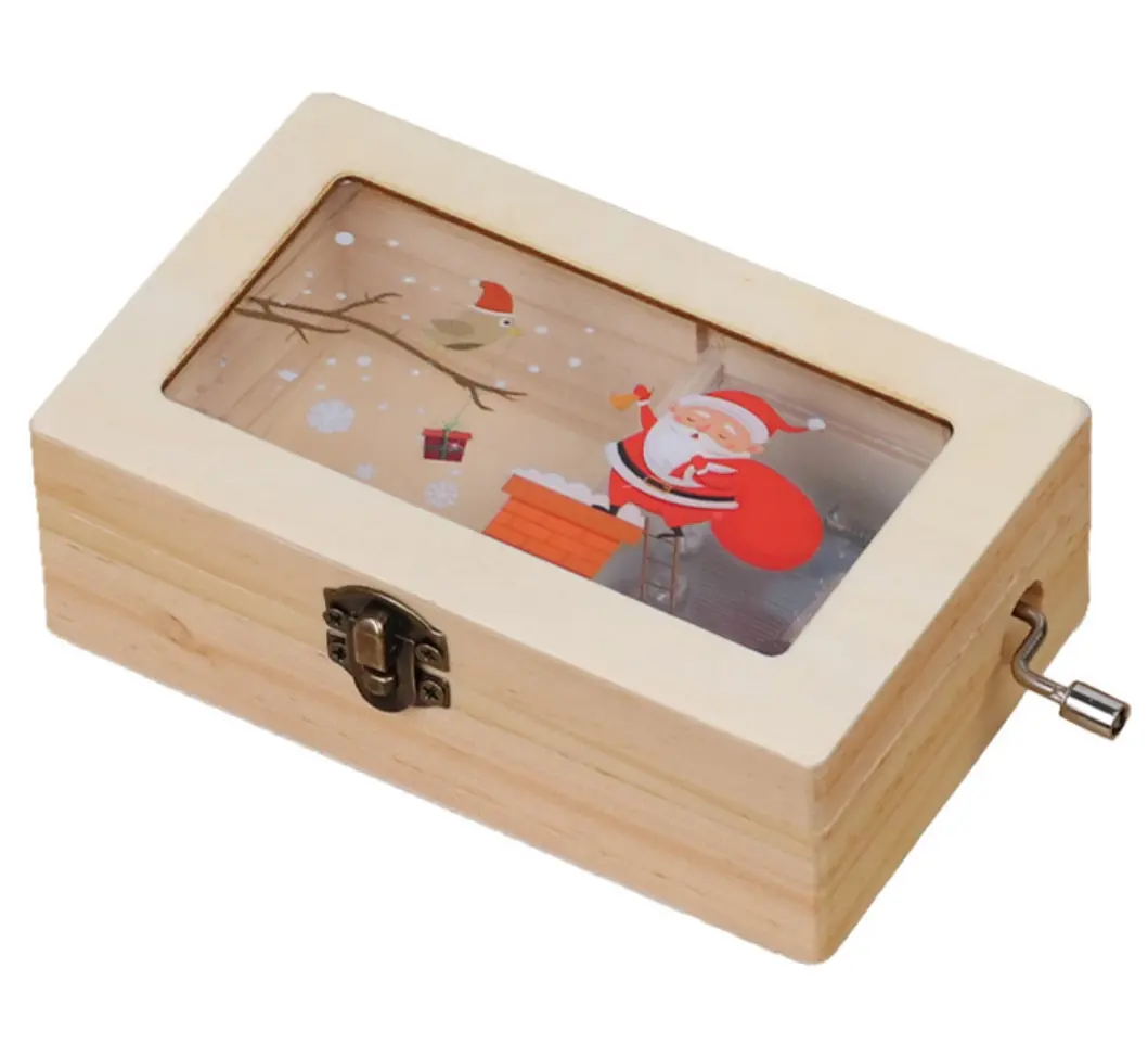 क्रिसमस संगीत बॉक्स लकड़ी के हाथ-cranked संगीत बॉक्स बहुक्रिया लकड़ी के संगीत बॉक्स