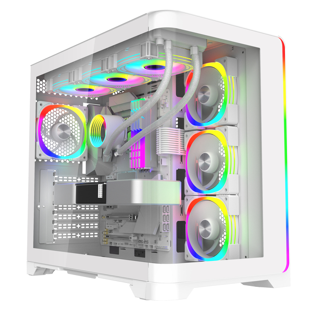 Panoramic Tempered Glass Mid Tower Desktop with Lcd Side Glass White Pc Casing Cpu Cabinet Atx Cooling Gaming Computer case