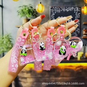 Porte-clés pendentif Panda en acrylique, style anime, avec <span class=keywords><strong>sablier</strong></span> à huile et perles à bulles roses, impression UV, tendance mode, pour bureau et clés de voiture - Product Image 2