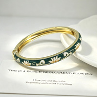 Gelang Berengsel Enamel Motif Bunga Gaya Cloisonne, Gelang Berpola Bunga Lukis Vintage Berlapis Emas, Perhiasan Fashion Elegan