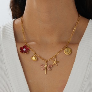 European American <b>Light</b> Luxury Gold Plated Stainless Steel Pendant Necklace With Flower Dragonfly Starfish <b>Shell</b> Charm - Product Image 2