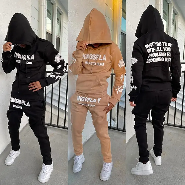 Oem Custom Pullover Puff Print Foam Bubble Hoodie En Joggingbroek Joggingpak Trainingspak Voor Heren